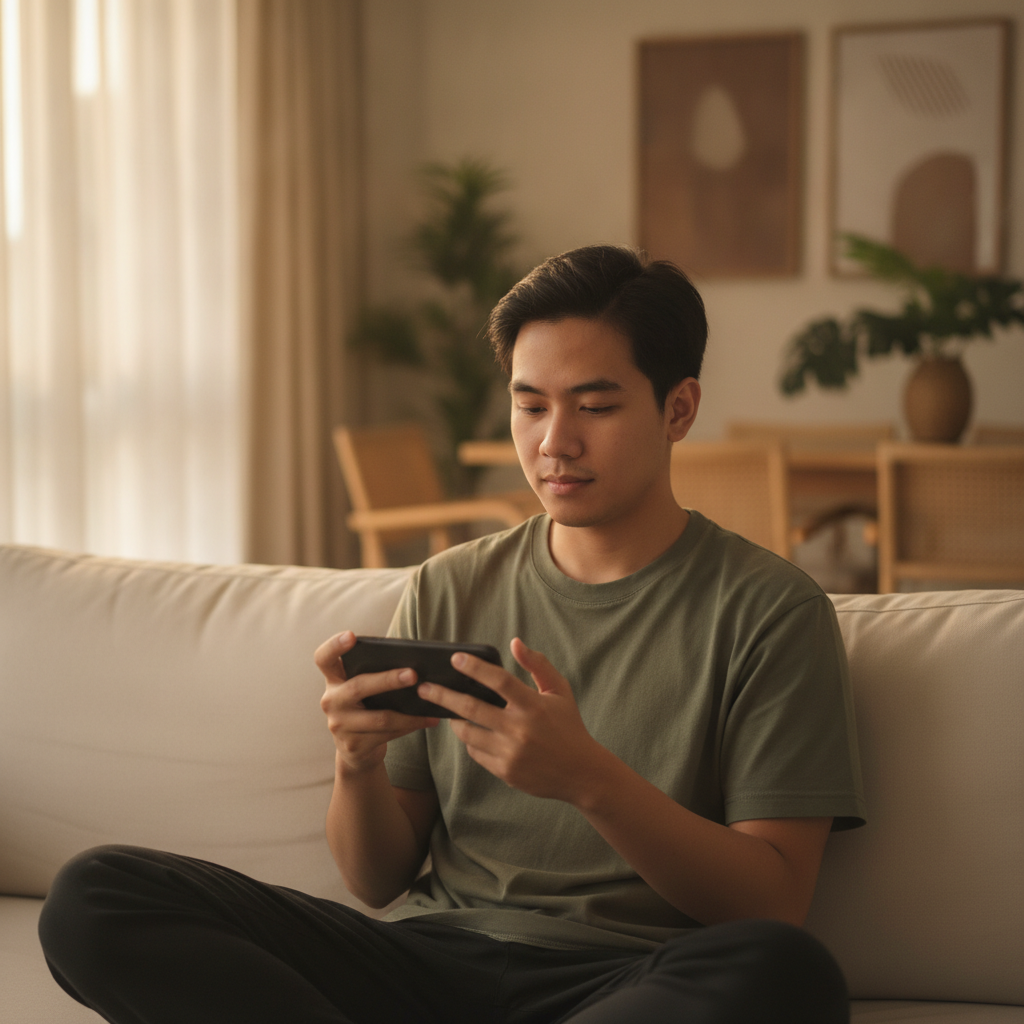 Filipino player learning to use online casino on mobile phone at home